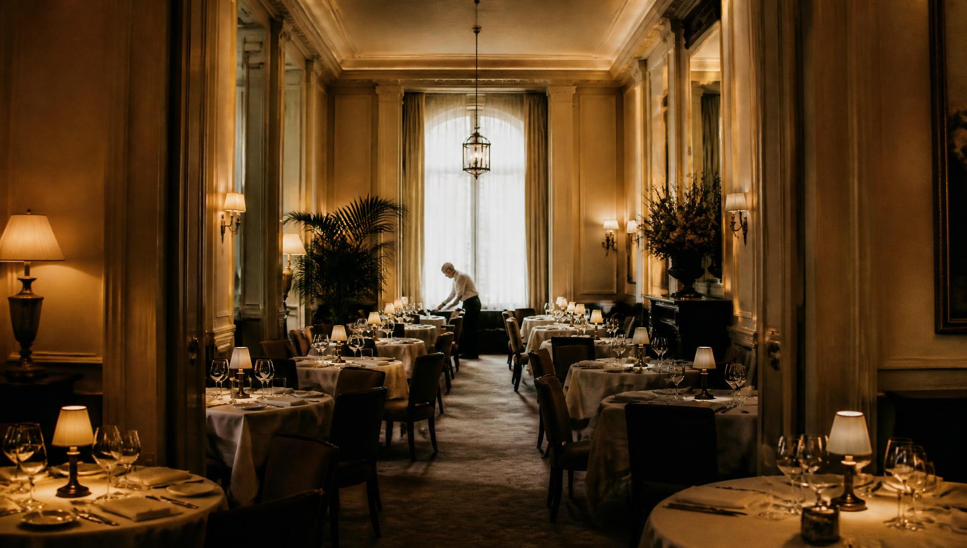 An elegant dining room prepared for service, one server adjusting a setting near a tall window.