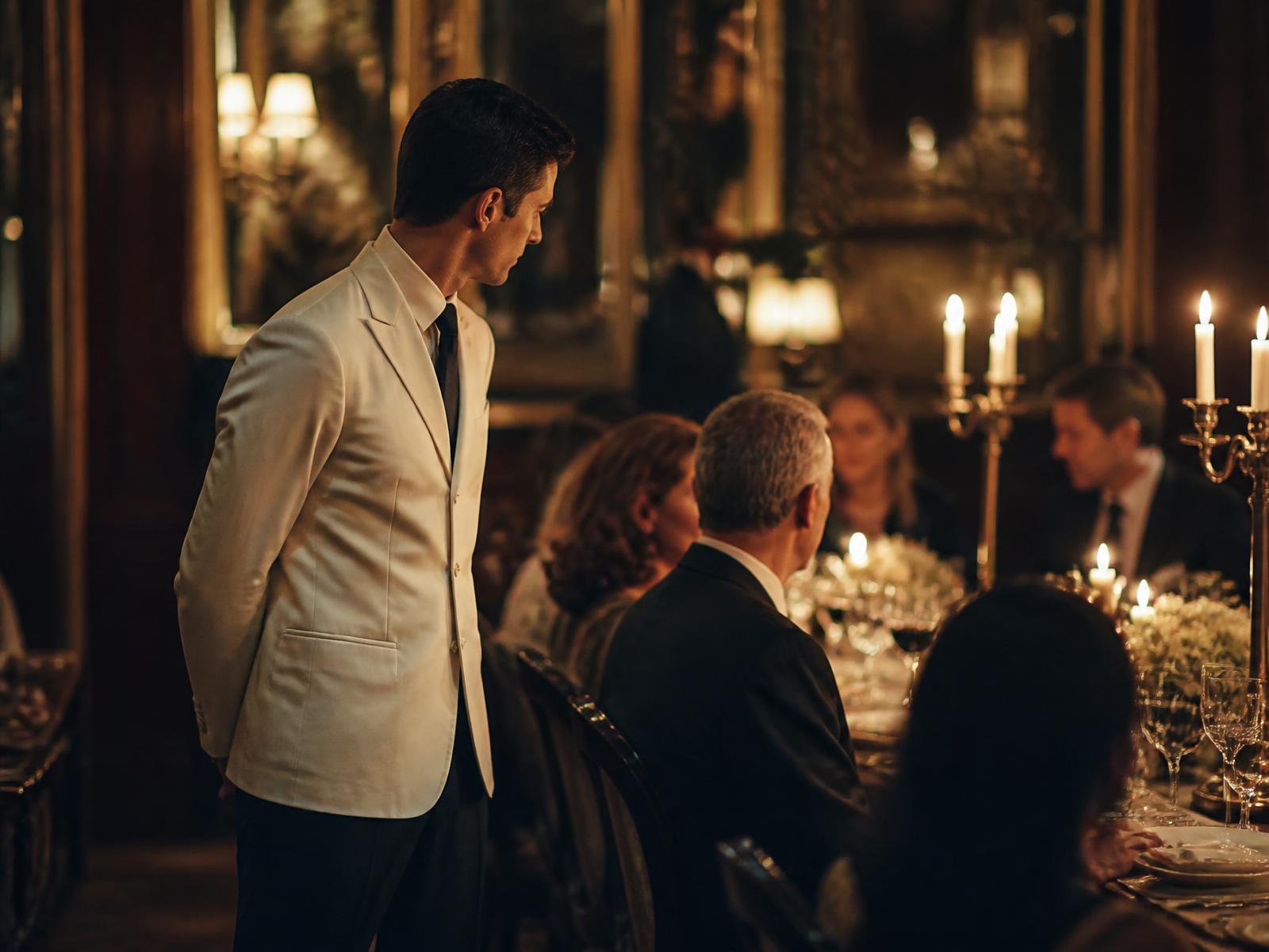 A service professional in a white jacket standing beside a candlelit dining table, quietly reading the guests before speaking.